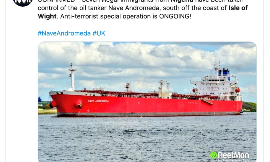 Seven  Nigerians have taken control of the oil tanker Nave Andromeda, south off the coast of Isle of Wight.